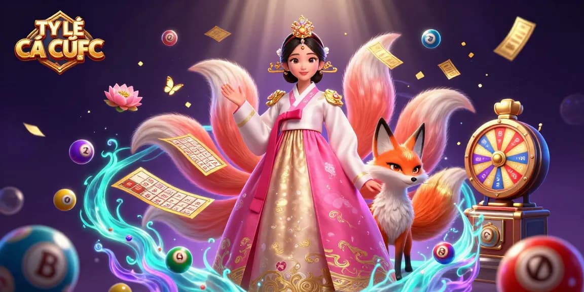 Engage with TỶ LỆ CÁ CƯỢC in a vibrant lottery scene featuring an elegant Asian woman and a lucky fox.