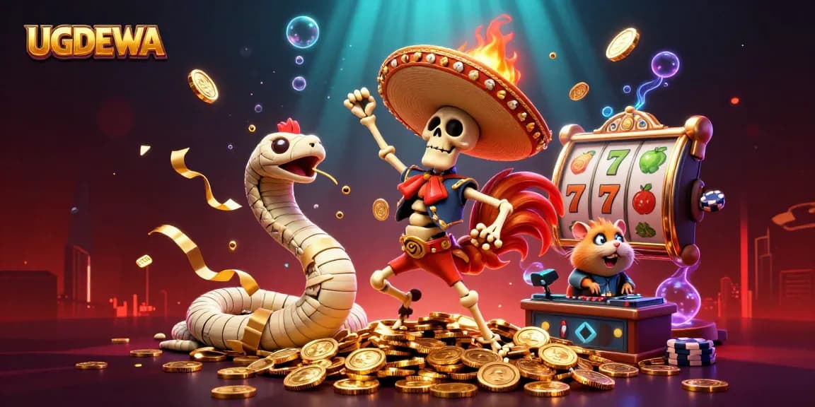 Join the fun with UGDEWA as a skeleton mariachi rooster celebrates on coins in this vibrant casino scene.