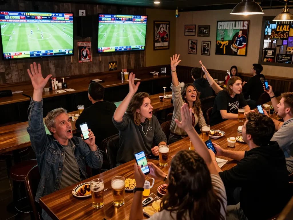 Bet on 8xbet while enjoying the live sports betting action at a vibrant sports bar with excited patrons