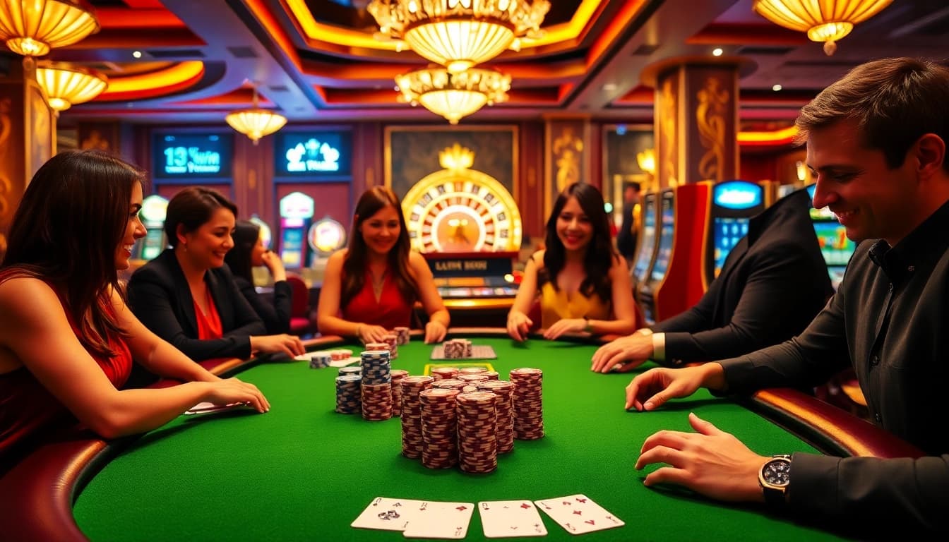 Players enjoying a thrilling poker game at 13win casino, showcasing vibrant chips and cards.