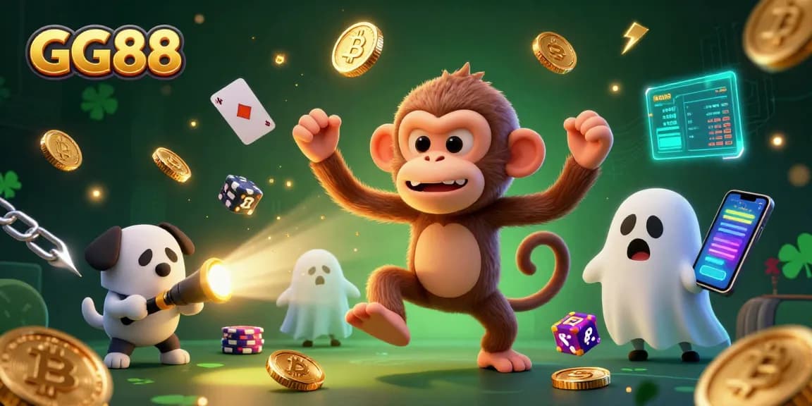 Experience GG88's haunted casino adventure with a playful poltergeist monkey and ghost-hunter puppy.
