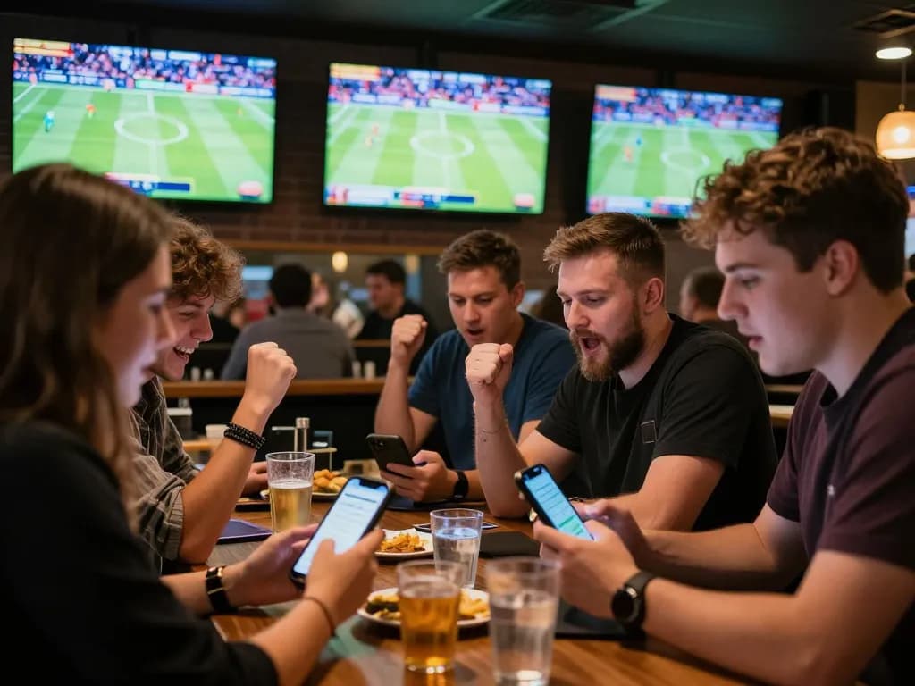 Toto8 link alternatif emerges as patrons engage with sports betting apps in vibrant bar atmosphere.