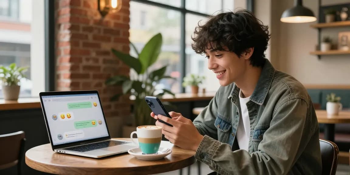 Engaging in ai sex chat on smartphone at urban cafe, showcasing interaction with AI character.