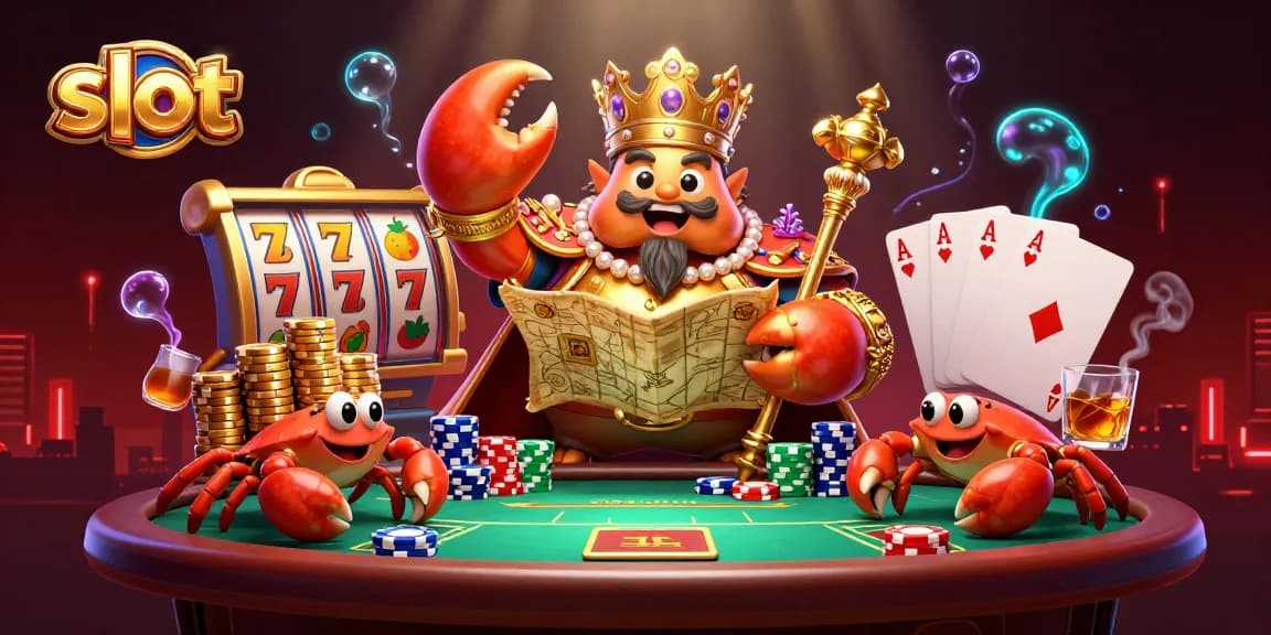 Slot menghidupkan suasana kasino dengan kepiting emas dan elemen permainan menarik.
