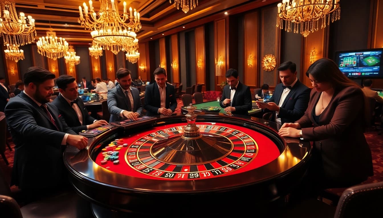 Players engaging in high-stakes gaming at a roulette table, showcasing the link jun88 for online casino experiences.