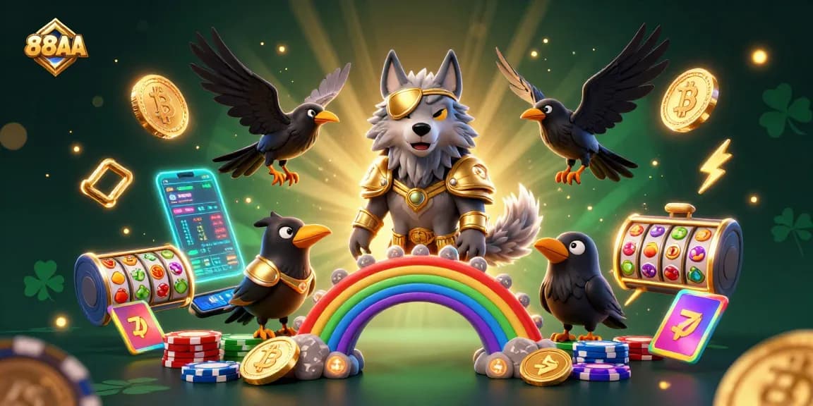 Experience thrilling action with 88AA's casino illustration, featuring Norse mythological elements and exciting slot symbols.