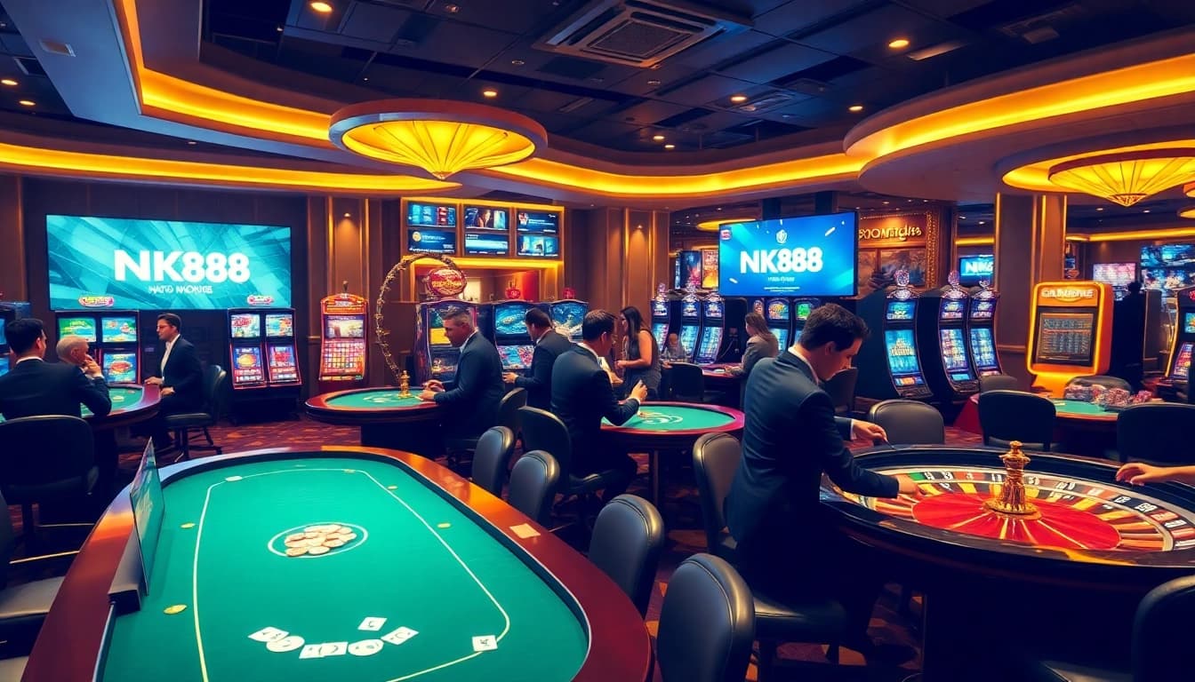 NK88 players enjoying high-stakes poker at an elegant casino environment.