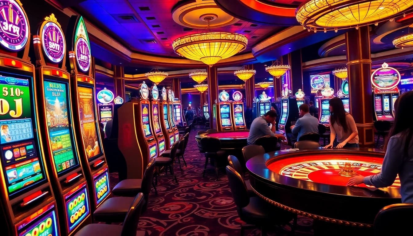 Players enjoying slot gacor machines amidst vibrant casino ambiance with poker chips and cards.