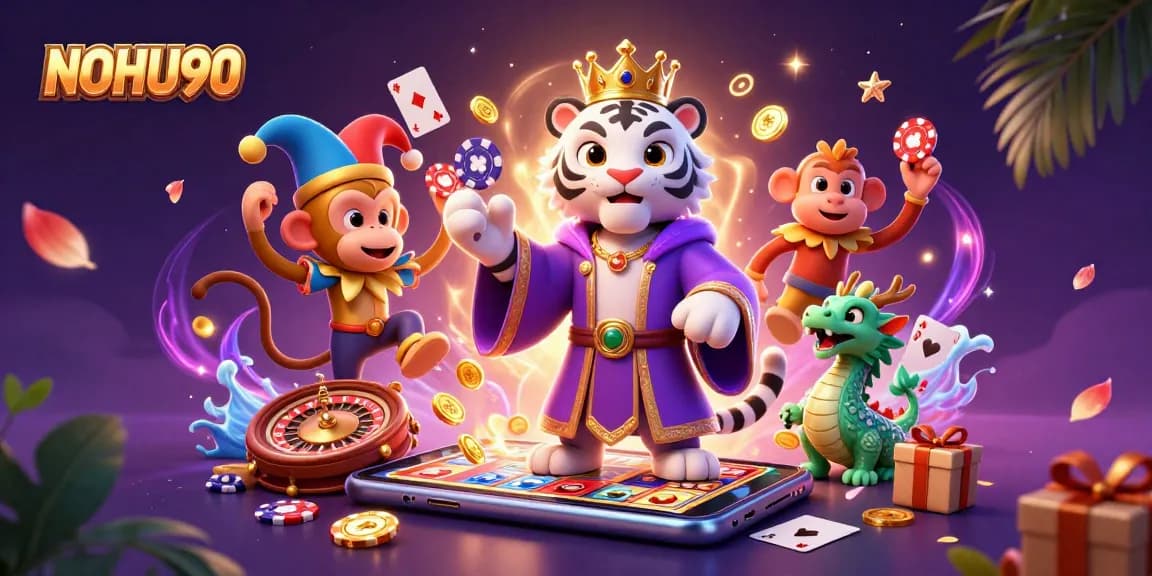Experience the excitement of NOHU90 with a vibrant casino illustration featuring a white tiger, monkey, and dragon.