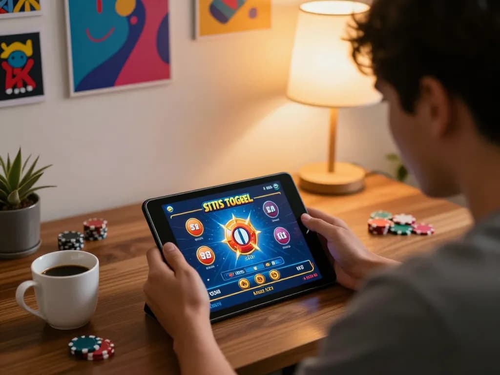 Pemain yang terlibat menikmati situs togel di tablet dalam suasana rumah yang nyaman, dengan pencahayaan ambient yang hangat