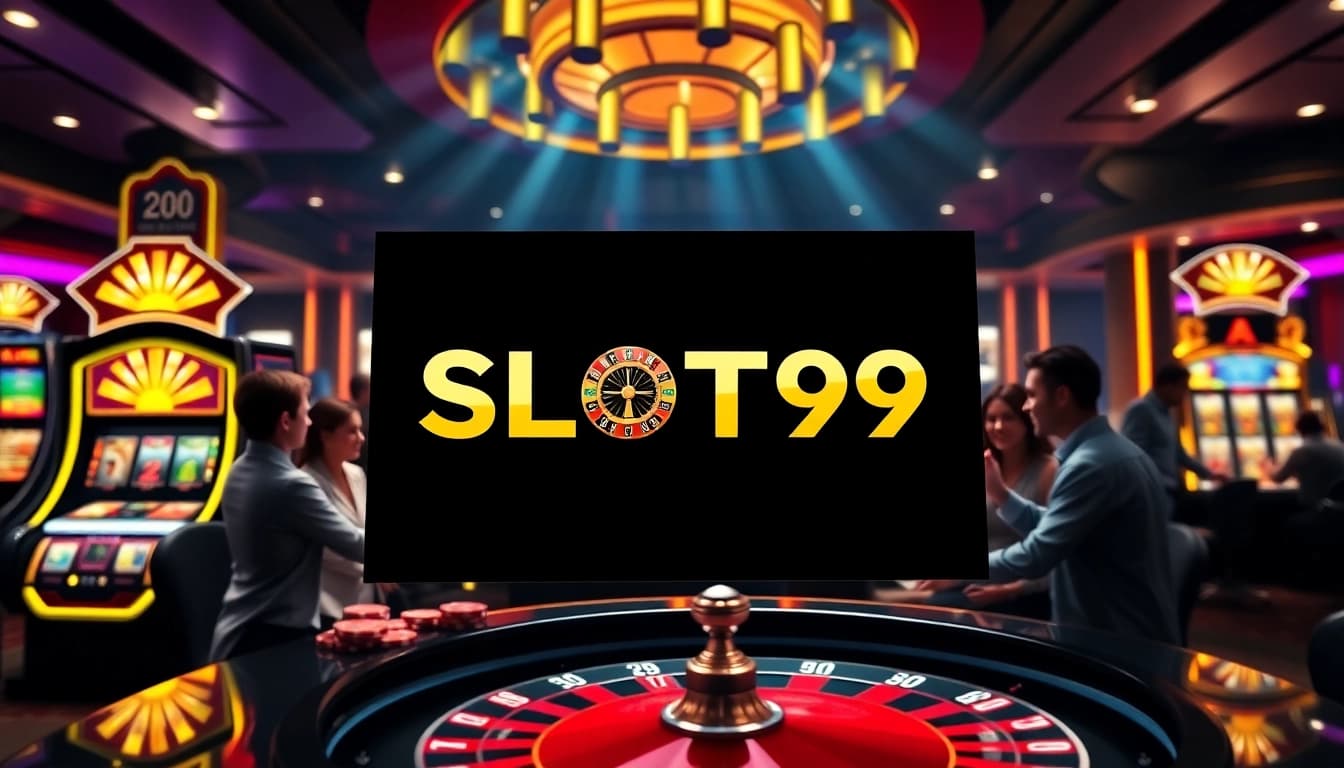 SLOT99 online slot gaming scene with vibrant machines and engaging players enjoying their experience.