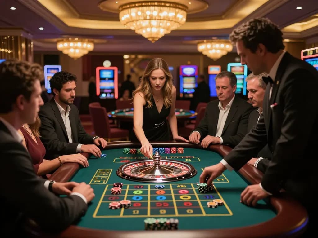 ku88 players placing bets on a lively roulette table under elegant casino lights
