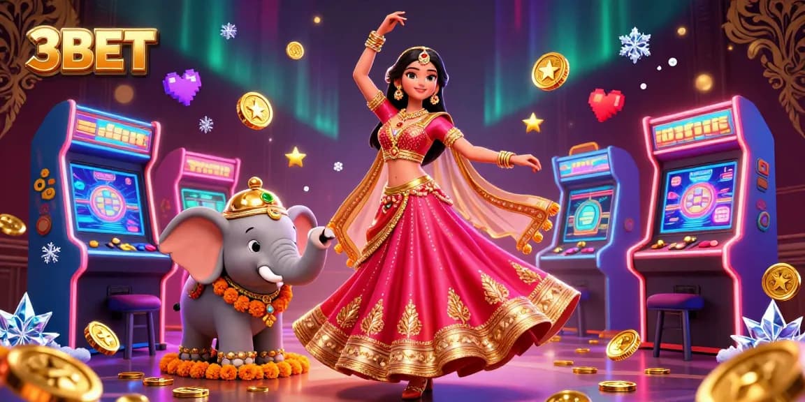 Engage with 3BET's vibrant casino scene featuring an Asian woman in lehenga and arcade machines.