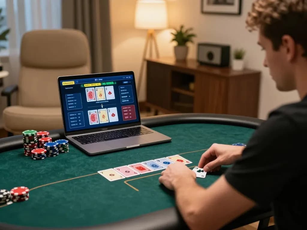 Intense gameplay showcasing IDN poker strategies on a laptop during a home gaming session