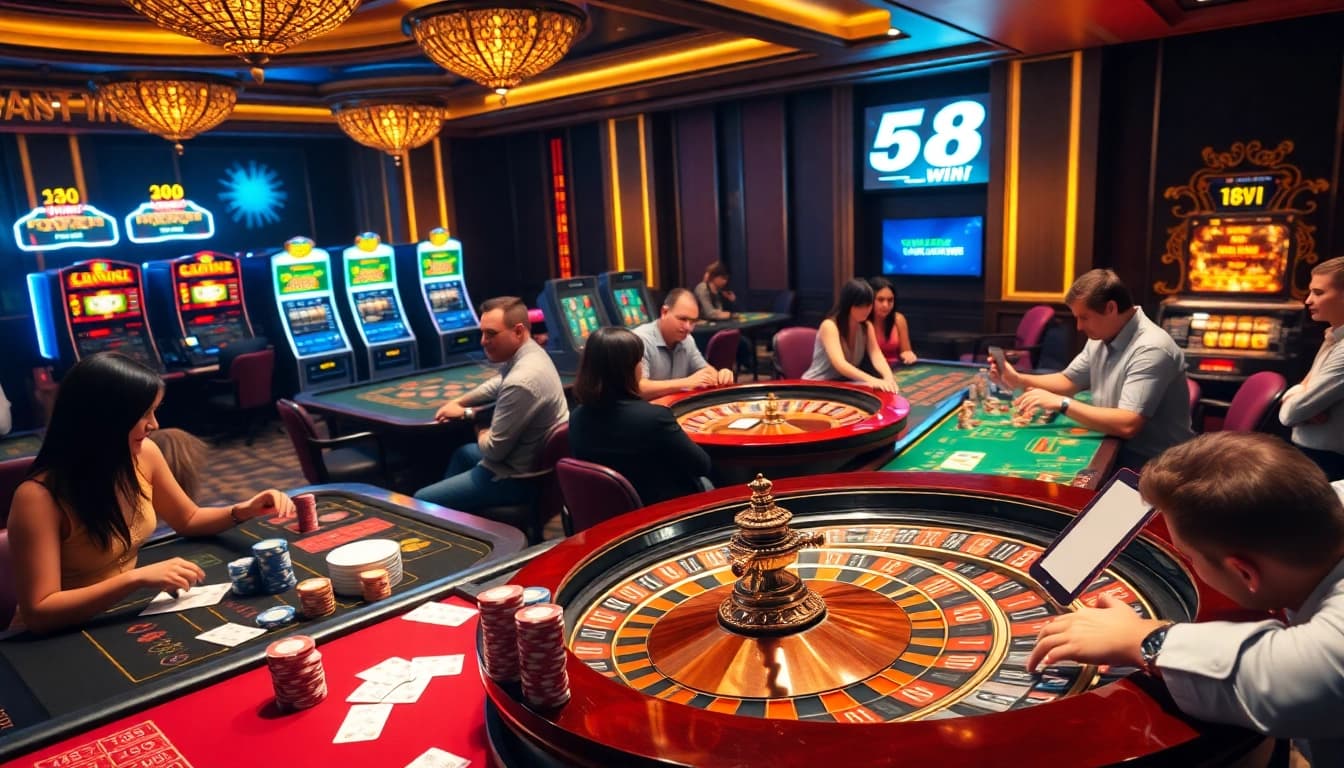 Players enjoying a thrilling casino experience at 58win with roulette and poker tables.