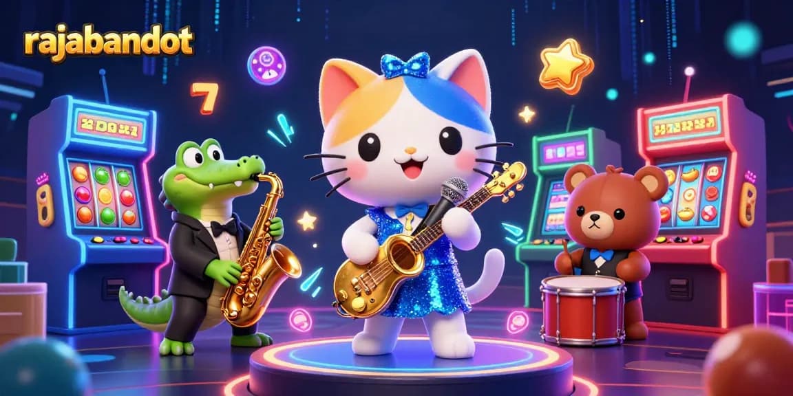 Join the fun at rajabandot with our vibrant casino scene featuring animated characters and classic gaming elements.