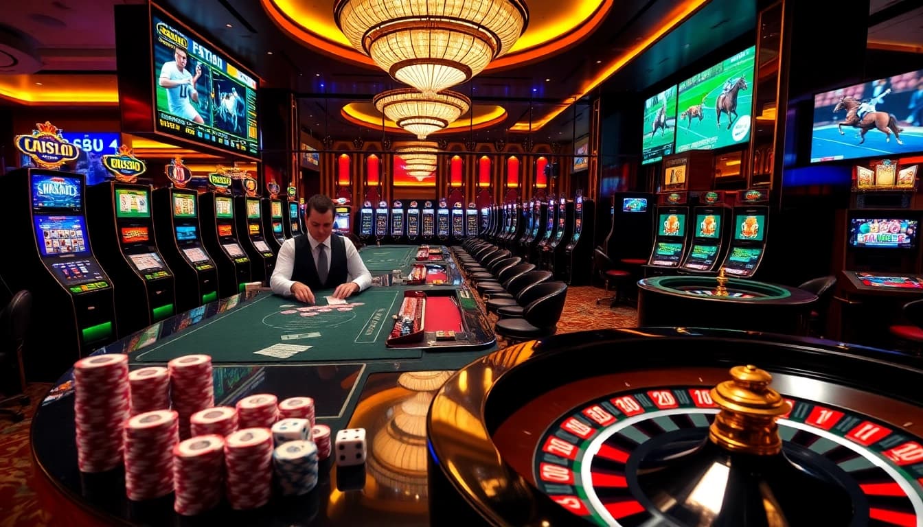 Professional dealers managing casino chips at a Nhà cái uy tín table with vibrant slot machines and roulette wheel