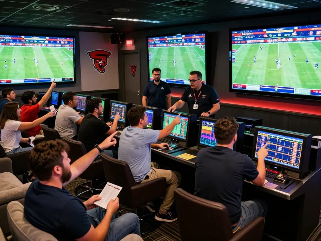 Fans engaging in kèo bóng đá bets while watching live football matches in a stylish betting lounge