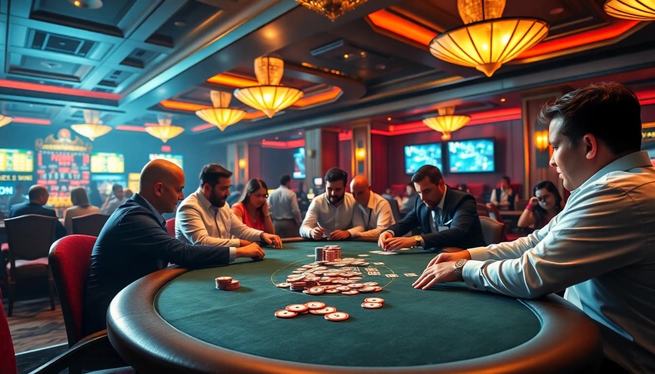Engaging poker game at 18vip娱乐 with colorful chips, vibrant setting, and players focused.