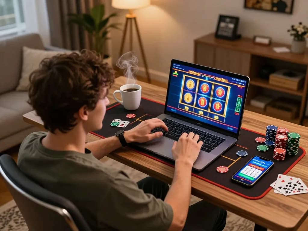 Person betting on mb66 online casino game from a stylish home setup while enjoying a cozy atmosphere.