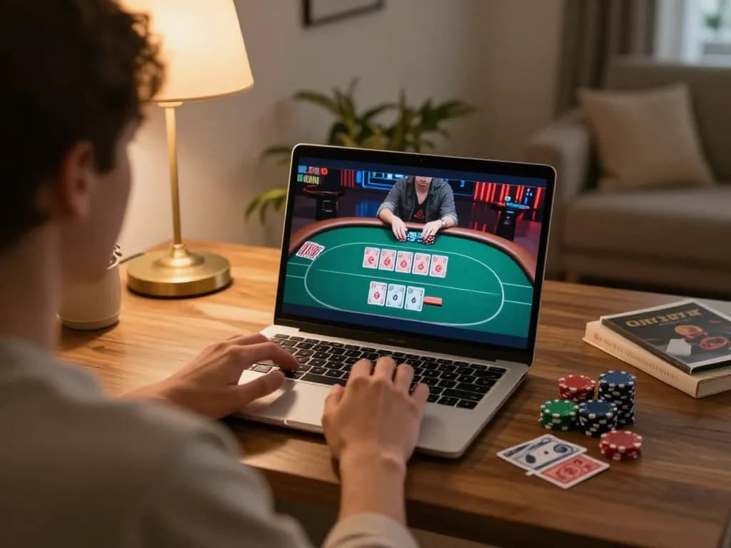 Engaging in online gambling at home, with poker game on screen featuring uu88 platform.