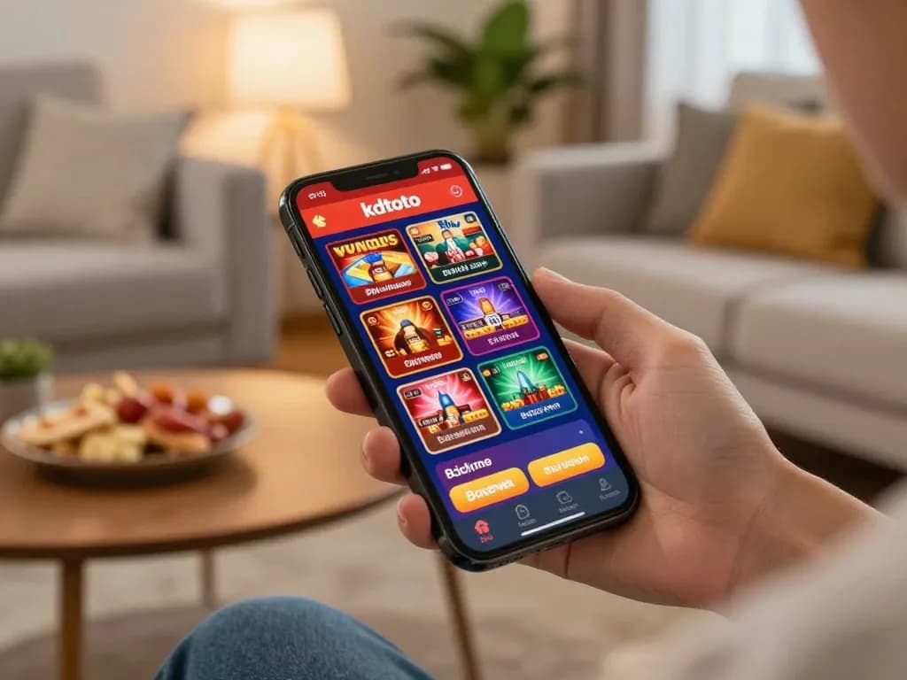 KDTOTO user enjoying mobile gaming with exciting betting interface and cozy home setup.