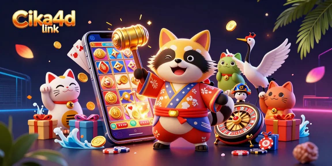 Capture winning moments with the vibrant cika4d link, featuring cheerful gambling characters and dynamic slot game elements.