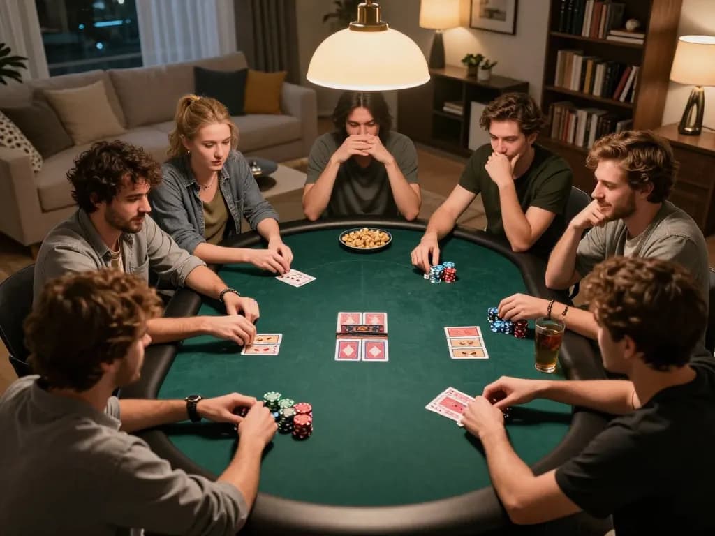 Players enjoying a friendly poker night, showcasing their No Deposit Bonus winnings and competitive spirit.