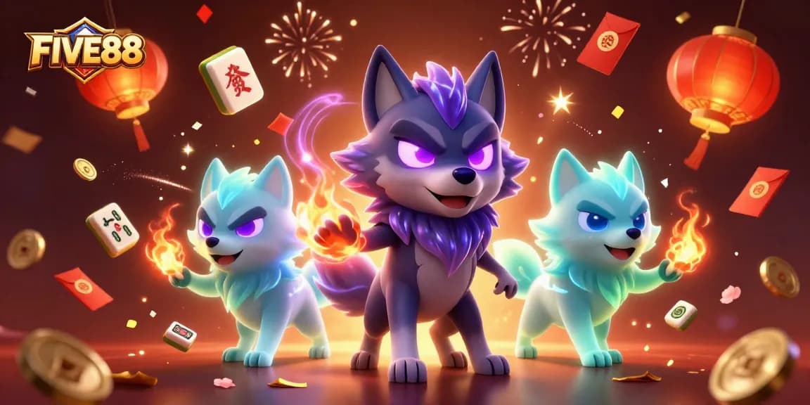 Experience the thrilling games at FIVE88 with ghostly wolves and festive casino elements.