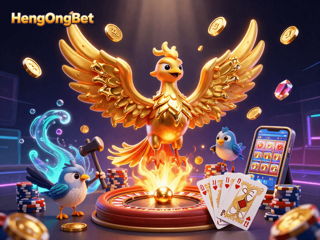 Engage with HengOngBet’s vibrant 3D scene featuring a golden phoenix and casino elements.