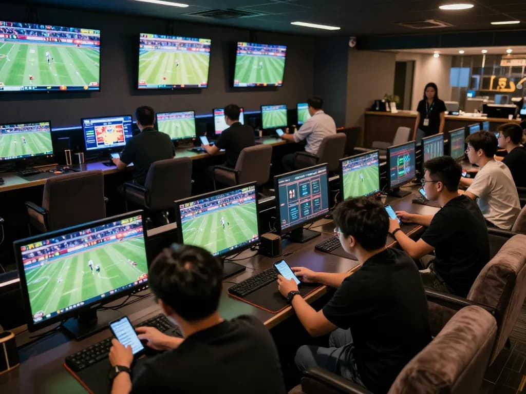 This sports betting lounge at https://rr888.shopping/ features excited bettors engaging with live games on various screens.