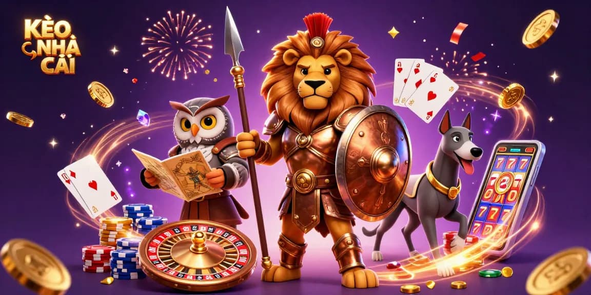 Experience thrilling betting with KÈO NHÀ CÁI, featuring dynamic comic characters and energetic casino elements.