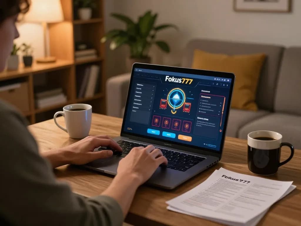 Engaging online gameplay on Fokus777 with laptop showing interactive casino interface and strategy notes.