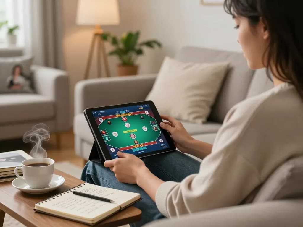 Player enjoying hitclub online poker on a tablet in a cozy living room with strategy notes visible.