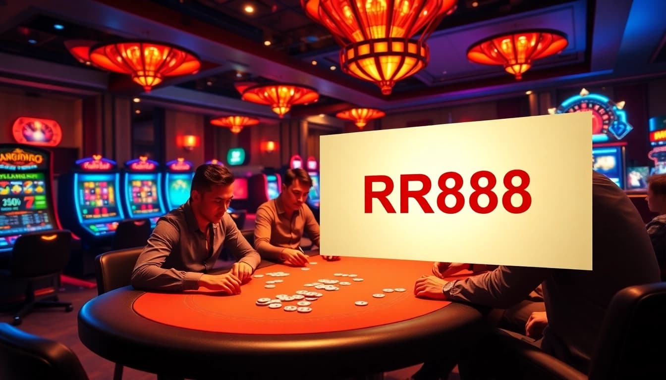 Gamblers enjoying a thrilling poker game at RR88 casino with vibrant slot machines.