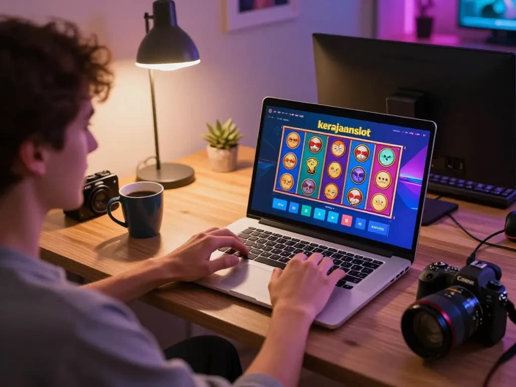 Engaging gameplay on kerajaanslot displayed on a laptop in a cozy home gaming setup