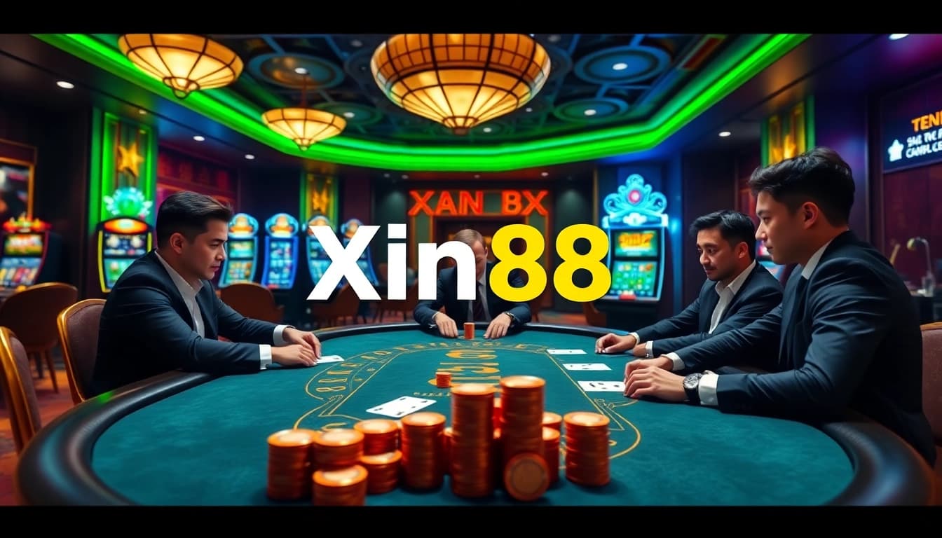 Players enjoying intense poker game at Xin88 casino table with luxurious atmosphere.