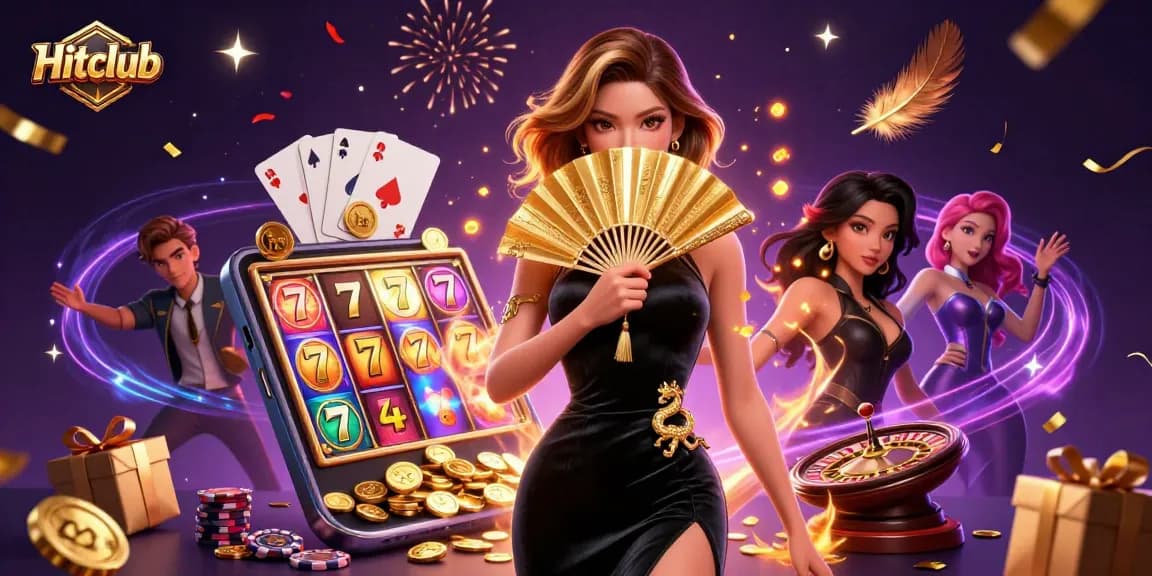 Hitclub showcases a mesmerizing Asian woman amidst vibrant slot games, golden coins, and festive backgrounds.
