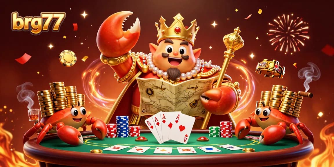 Gamble big with brg77 at a colorful poker table featuring a golden crab emperor surrounded by riches.