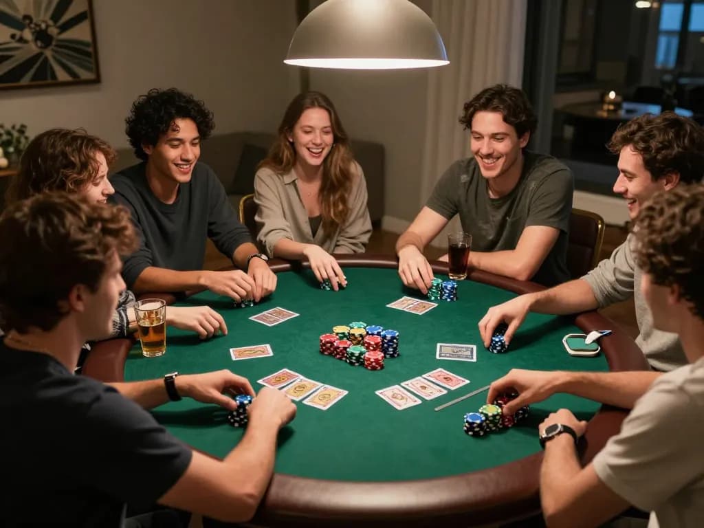 Friends enjoying a poker game night at home with chips and cards, showcasing go8 social gambling.