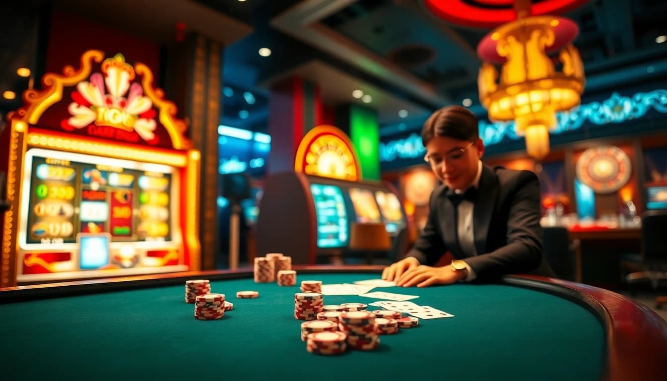 Experience thrilling gaming action at https://tx88.green/ with vibrant casino table and elegant dealer.