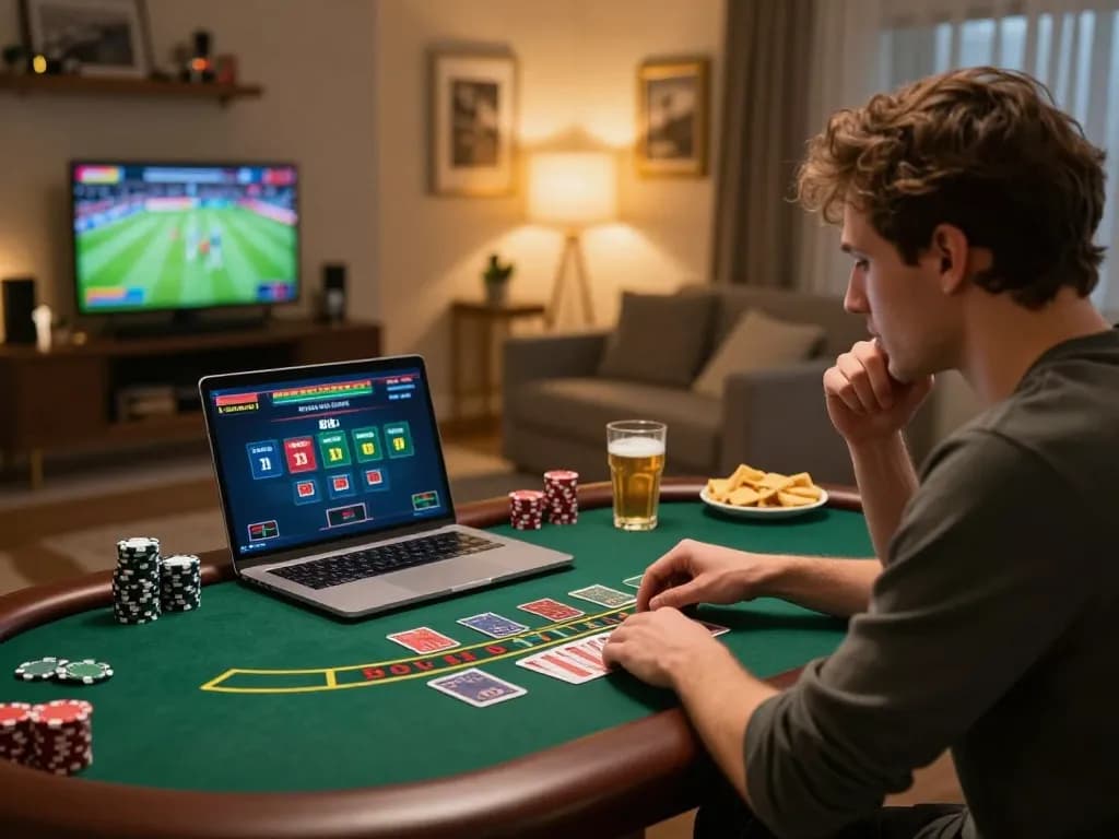 FC88 player strategizing during live dealer blackjack session at home, surrounded by snacks and vibrant atmosphere.