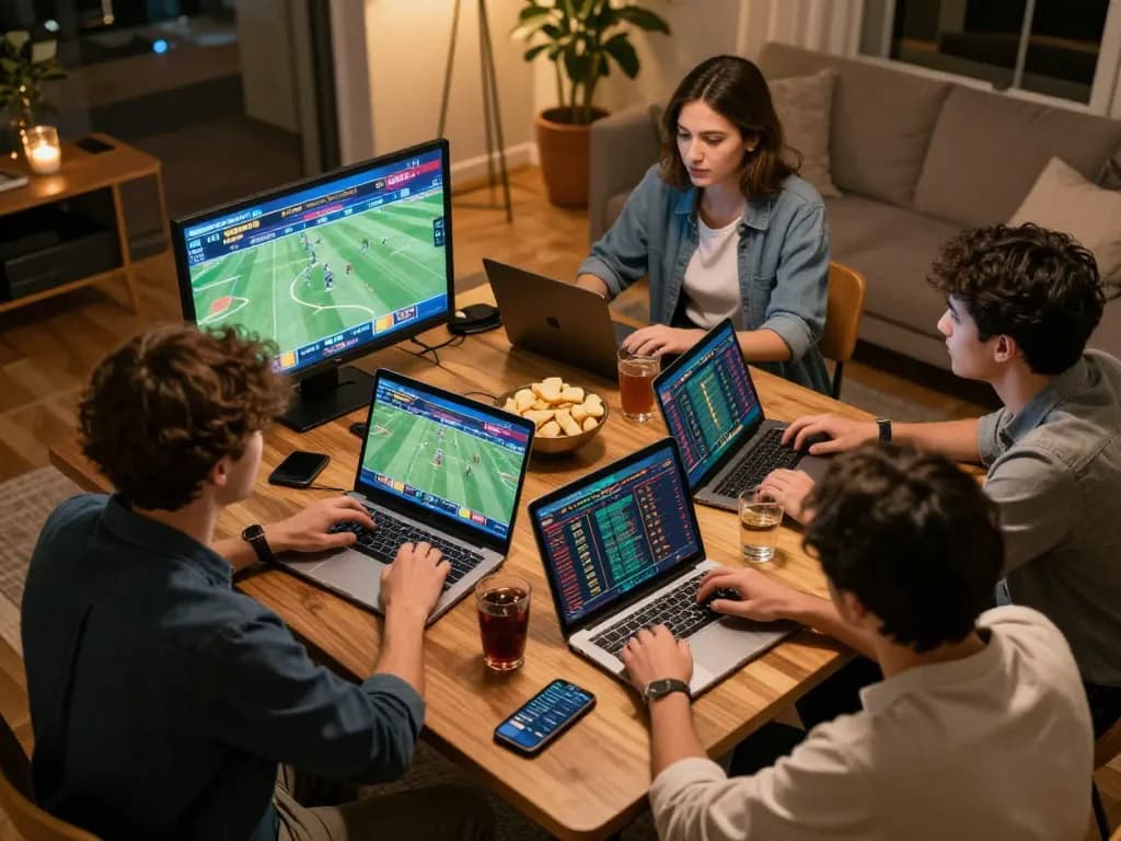 Friends engaging in sports betting strategy session using apps with cm88seo on screens, competitive atmosphere.