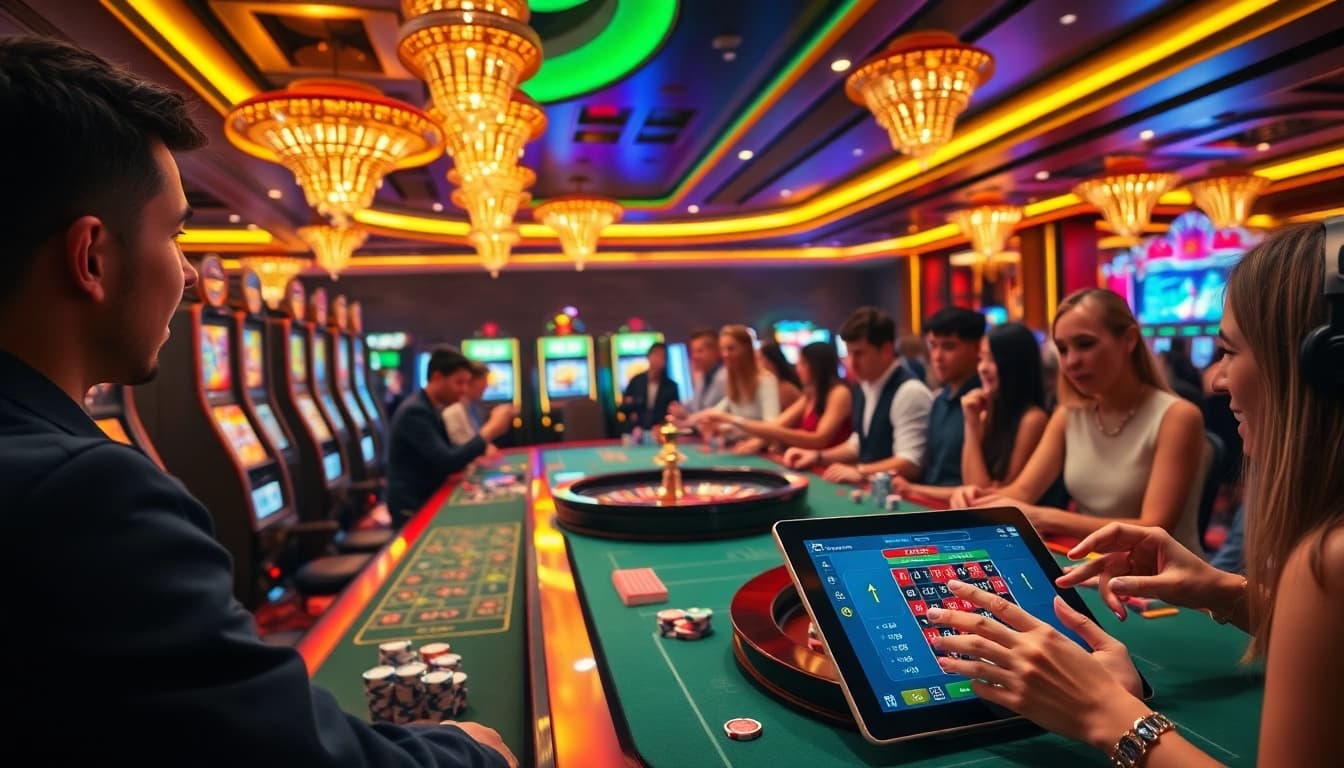 Players enjoy thrilling casino games at OKFUN, showcasing a vibrant atmosphere of excitement.