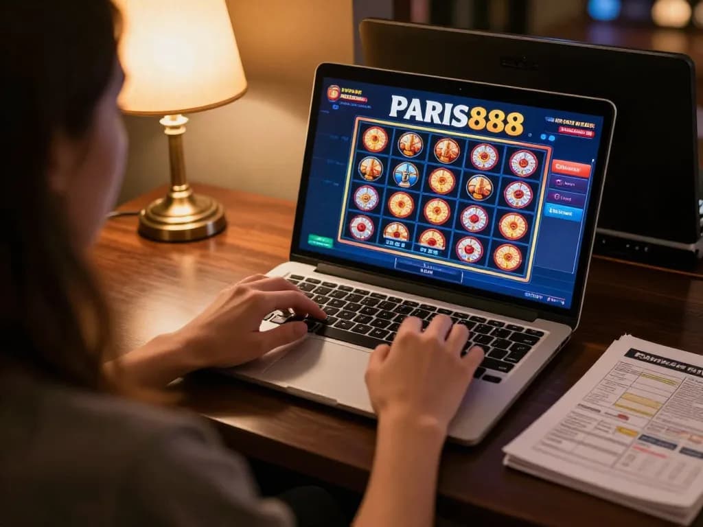 Engaging with Paris888 online slots, a player strategizing at a cozy home desk.