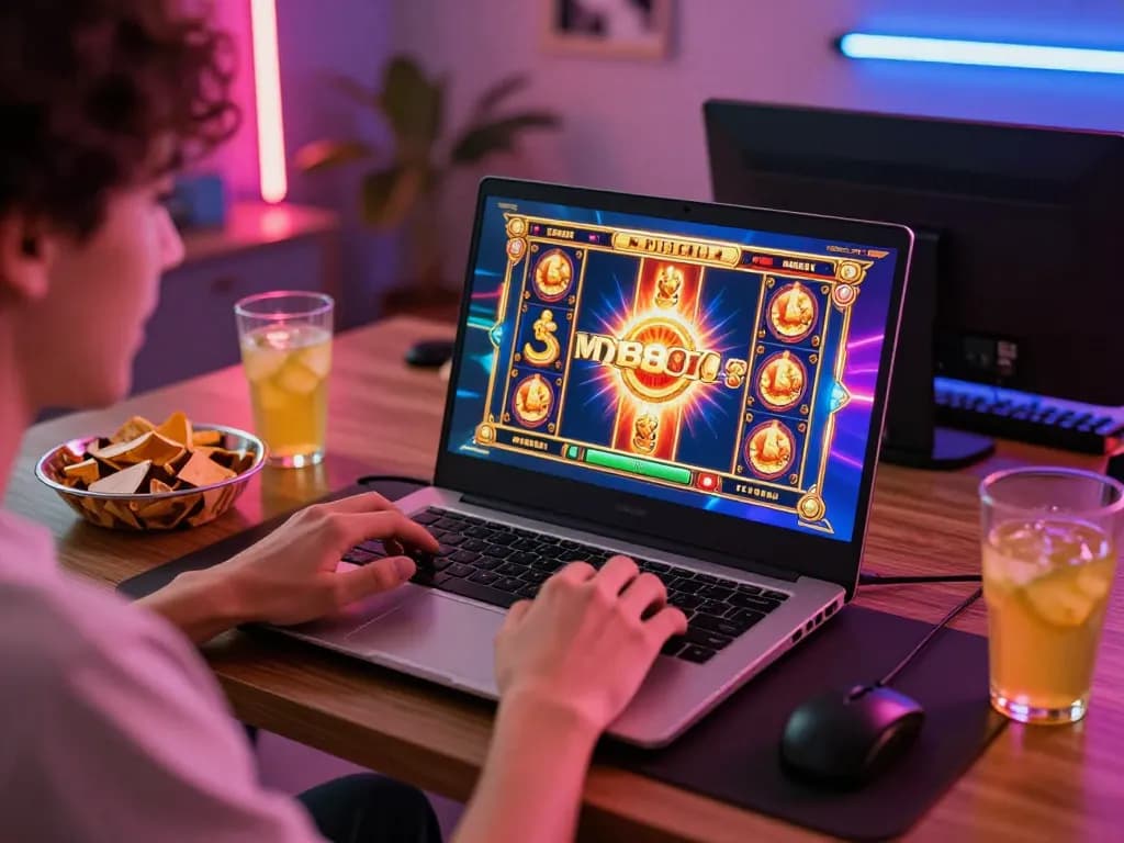 Experience thrilling gameplay with mb88slot on a vibrant laptop in a cozy home environment