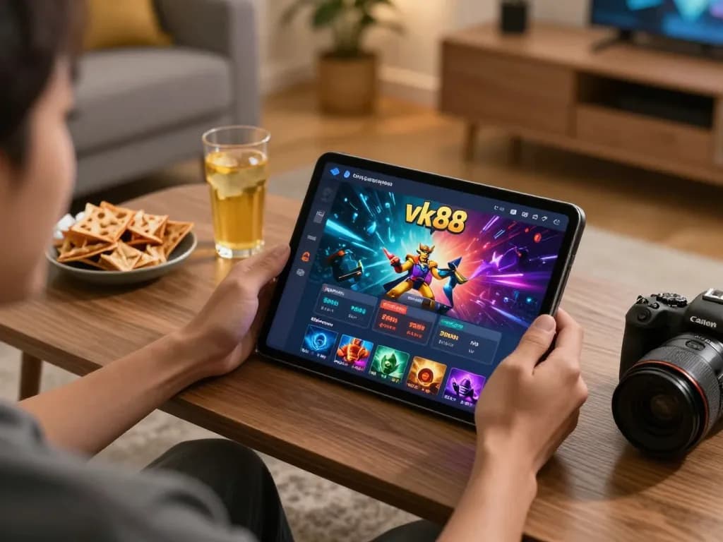 Cổng game Vk88 showcasing a user-friendly online gaming experience in a cozy home setting.