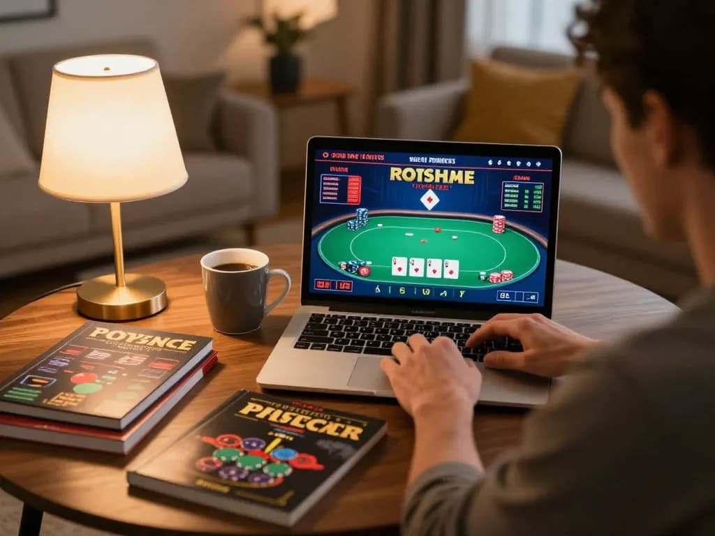 Player enjoying online casino gaming on 7-hd with engaging poker game interface displayed on laptop.