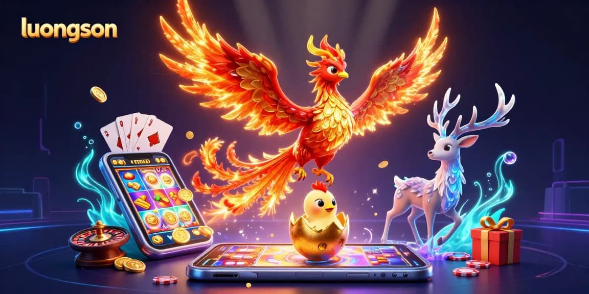 Experience thrilling wins at luongson with vibrant gaming elements amid a mythical landscape.