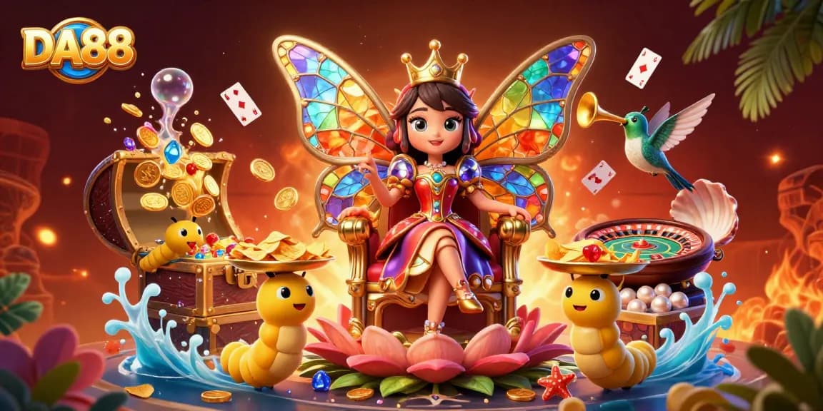 Experience DA88's vibrant Live Casino scene with a colorful butterfly queen and gaming elements.